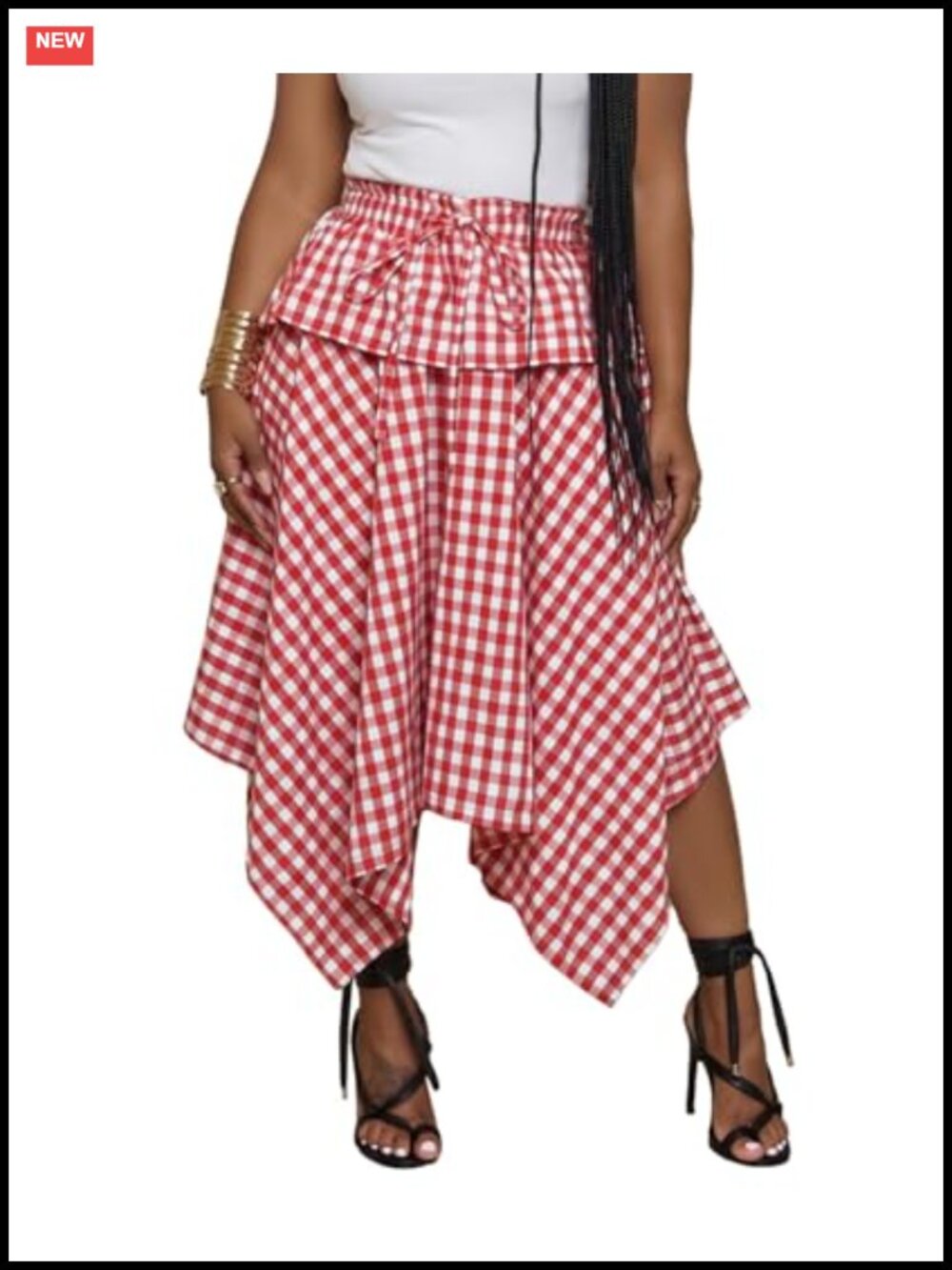 Gingham Handkerchief Midi Skirt Asymmetrical A-Line High Rise